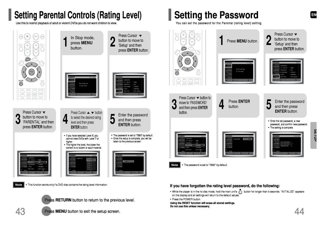 Samsung HT-P38 Setting the Password, Setting Parental Controls Rating Level, Stop mode, Press MENU button, ENTER button 