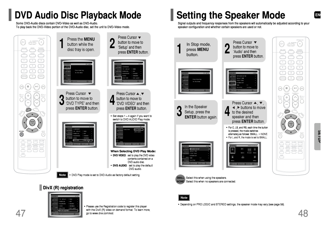 Samsung HT-P38 Setting the Speaker Mode, DVD Audio Disc Playback Mode, DivX R registration, Press the MENU, In the Speaker 