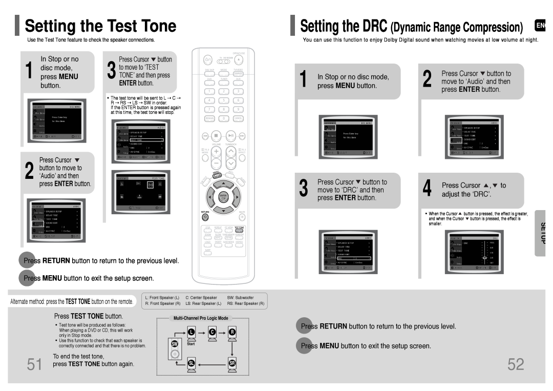 Samsung HT-P38 instruction manual Setting the Test Tone, Setting the DRC Dynamic Range Compression, Setup 
