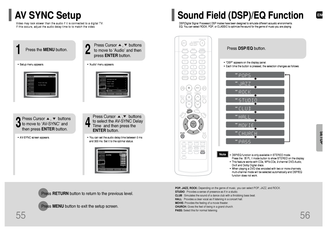 Samsung HT-P38 instruction manual AV SYNC Setup, Sound Field DSP/EQ Function 