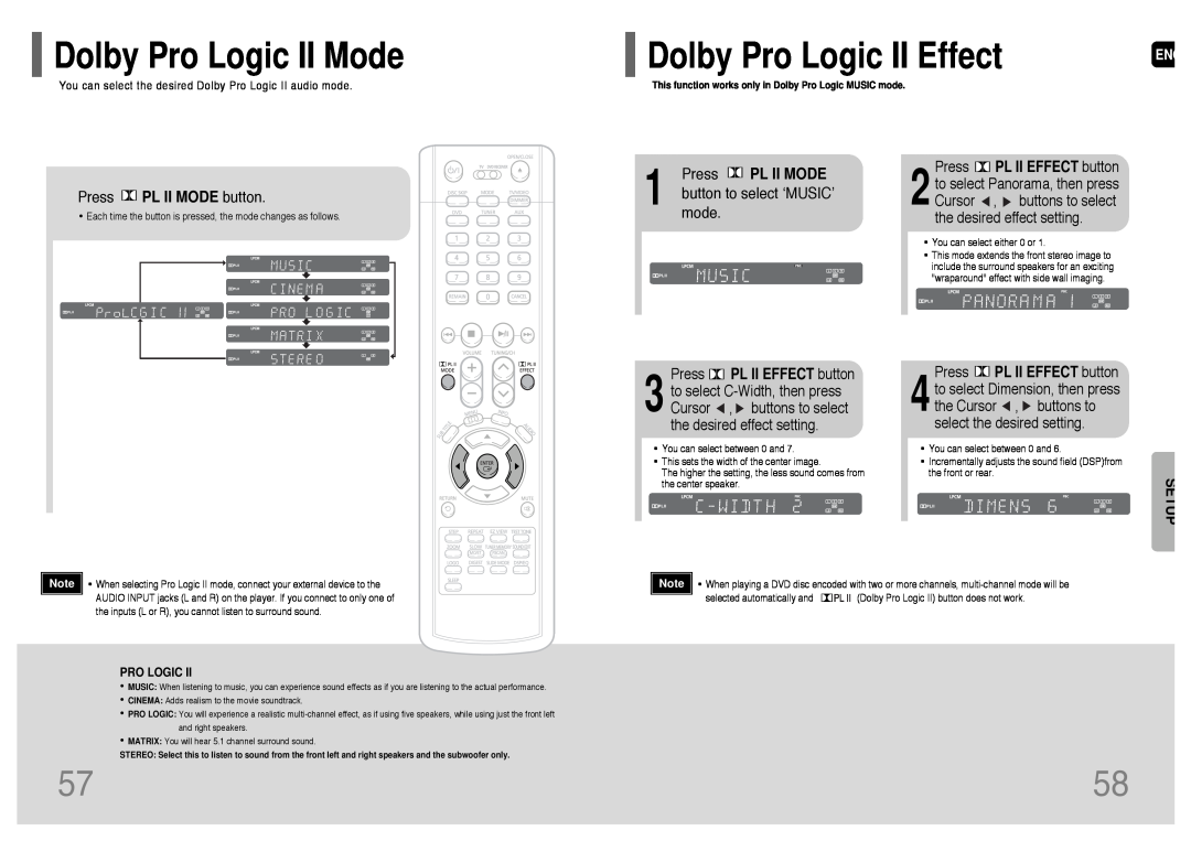 Samsung HT-P38 Dolby Pro Logic II Mode, Dolby Pro Logic II Effect, Press PL II MODE button, button to select ‘MUSIC’, mode 