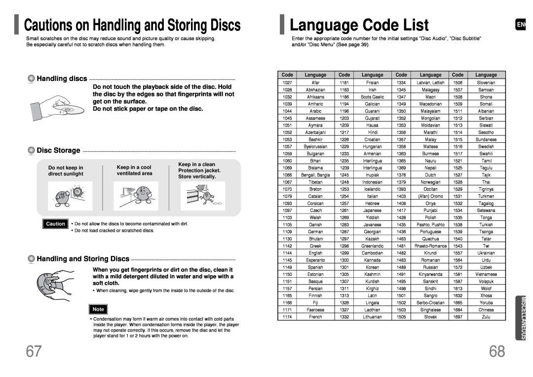 Samsung HT-P38 Language Code List, Cautions on Handling and Storing Discs, Handling discs, Disc Storage, Miscellaneous 