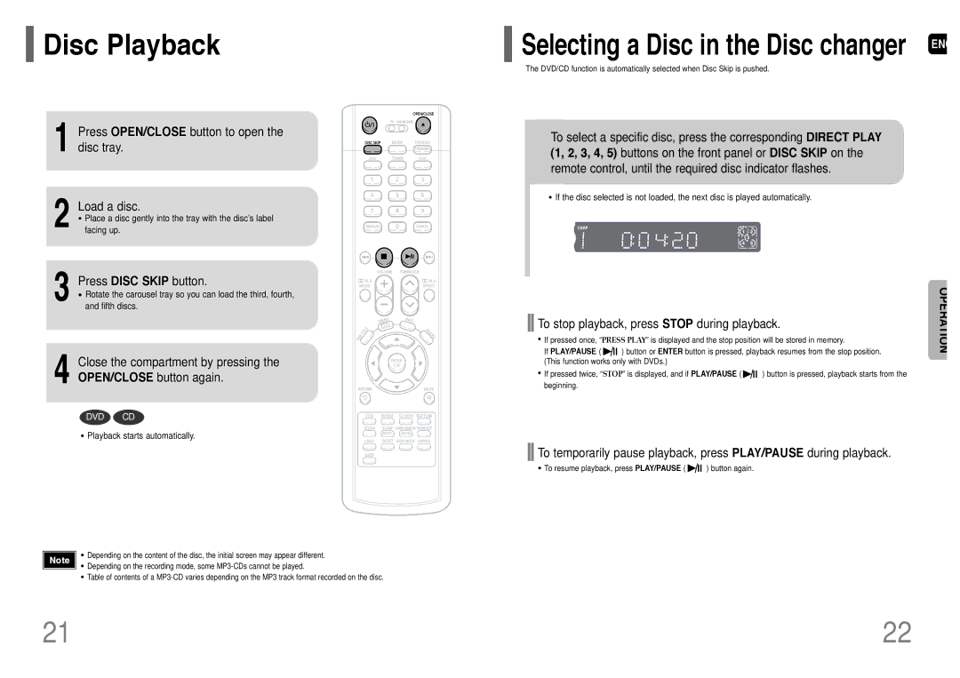 Samsung HT-P38T/XAC manual Disc Playback, Press OPEN/CLOSE button to open the disc tray Load a disc, Press Disc Skip button 