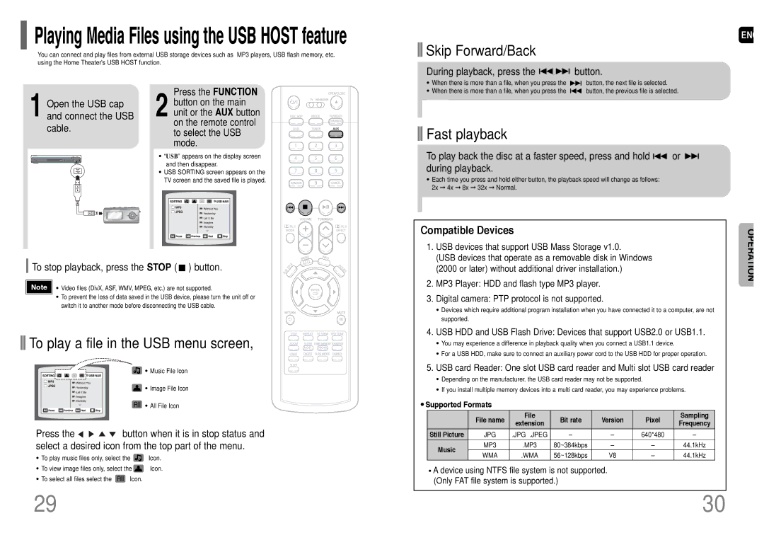 Samsung HT-P38T/XAC Compatible Devices, To stop playback, press the Stop button, USB devices that support USB Mass Storage 