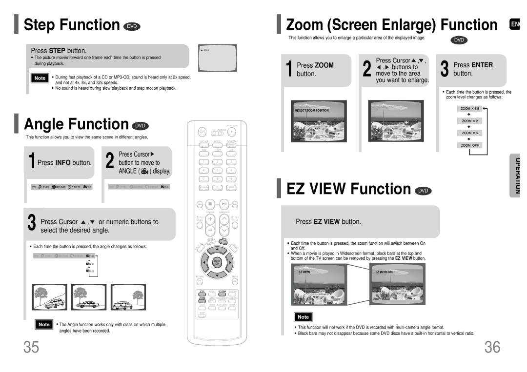 Samsung HT-P38TH/XAA manual Step Function DVD, Angle Function DVD, EZ View Function DVD, Zoom Screen Enlarge Function ENG 