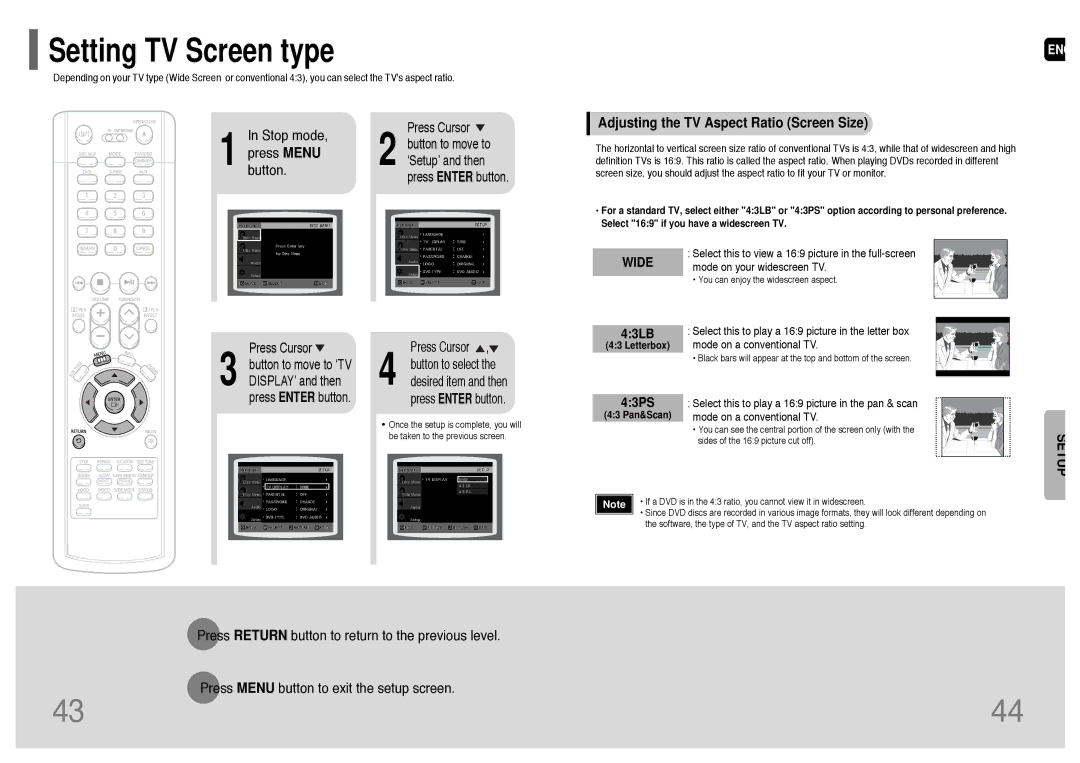 Samsung HT-P38TH/XAA, HT-P38T/XAC manual Stop mode, Adjusting the TV Aspect Ratio Screen Size, 43LB, 43PS 