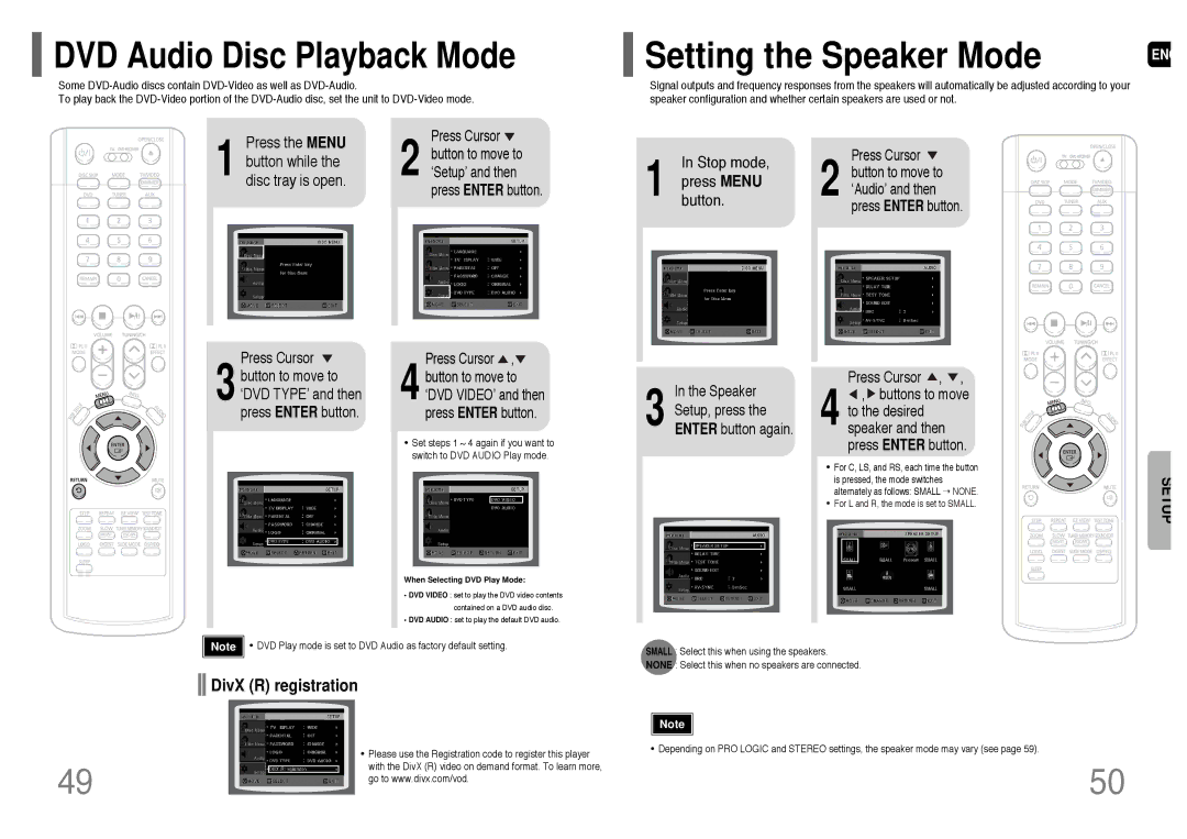 Samsung HT-P38T/XAC DVD Audio Disc Playback Mode, DivX R registration, Press the Menu Button while the disc tray is open 