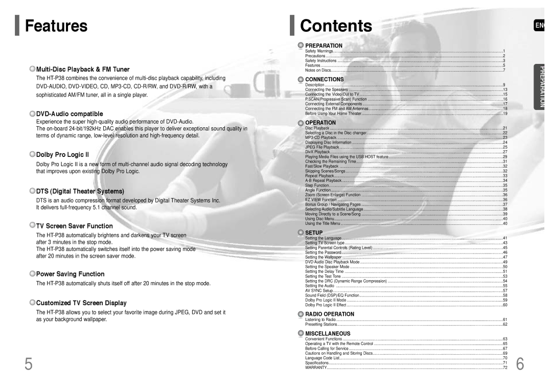 Samsung HT-P38T/XAC, HT-P38TH/XAA manual Contents 