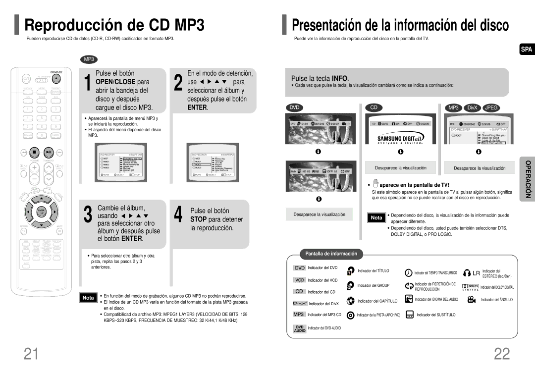 Samsung HT-P40 manual Reproducció n de CD MP3, OPEN/CLOSE para, Cargue el disco MP3 