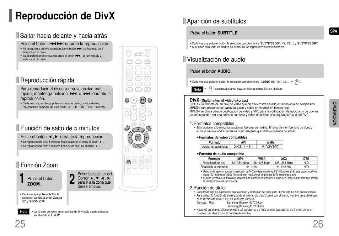 Samsung HT-P40 manual Reproducció n de DivX, Zoom 