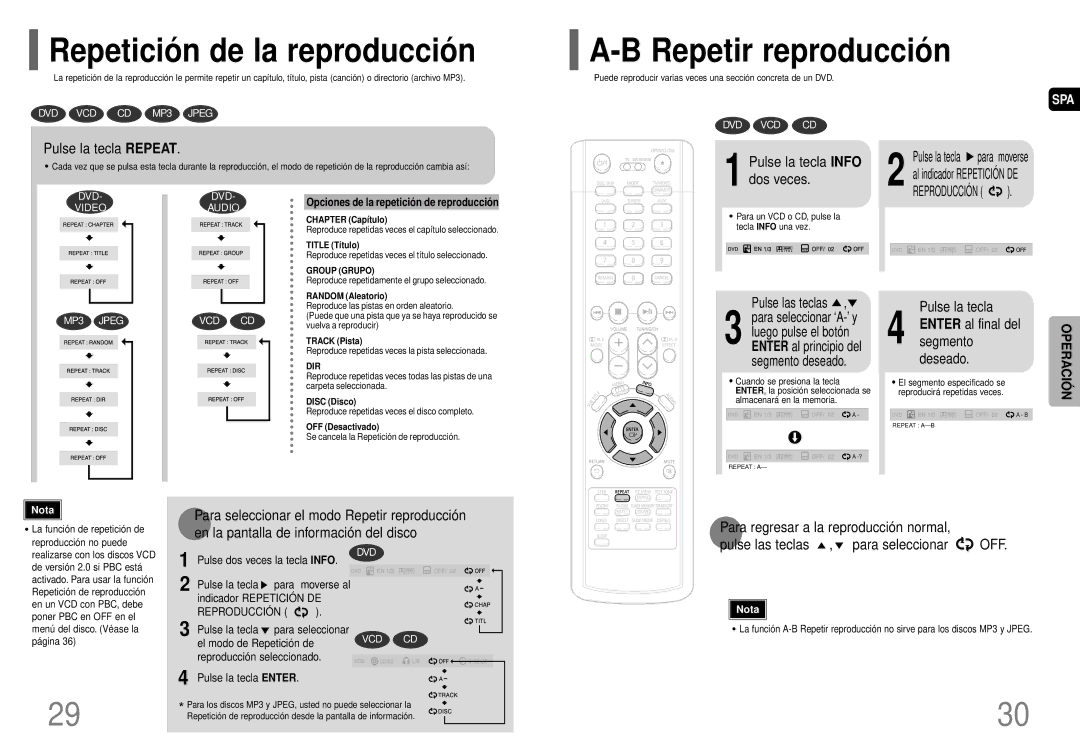 Samsung HT-P40 manual Repetició n de la reproducció n, Repetir reproducció n, Pulse la tecla Repeat 