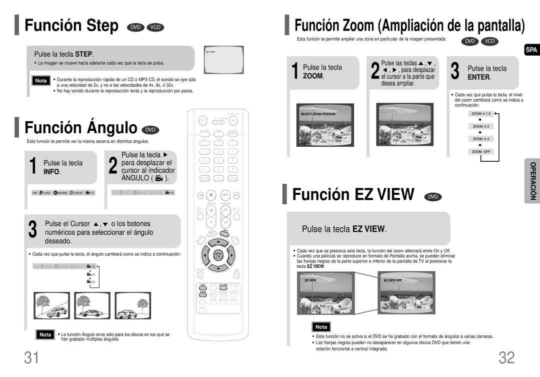 Samsung HT-P40 manual Funció n Step DVD VCD, Funció n Á ngulo DVD, Funció n EZ View DVD 