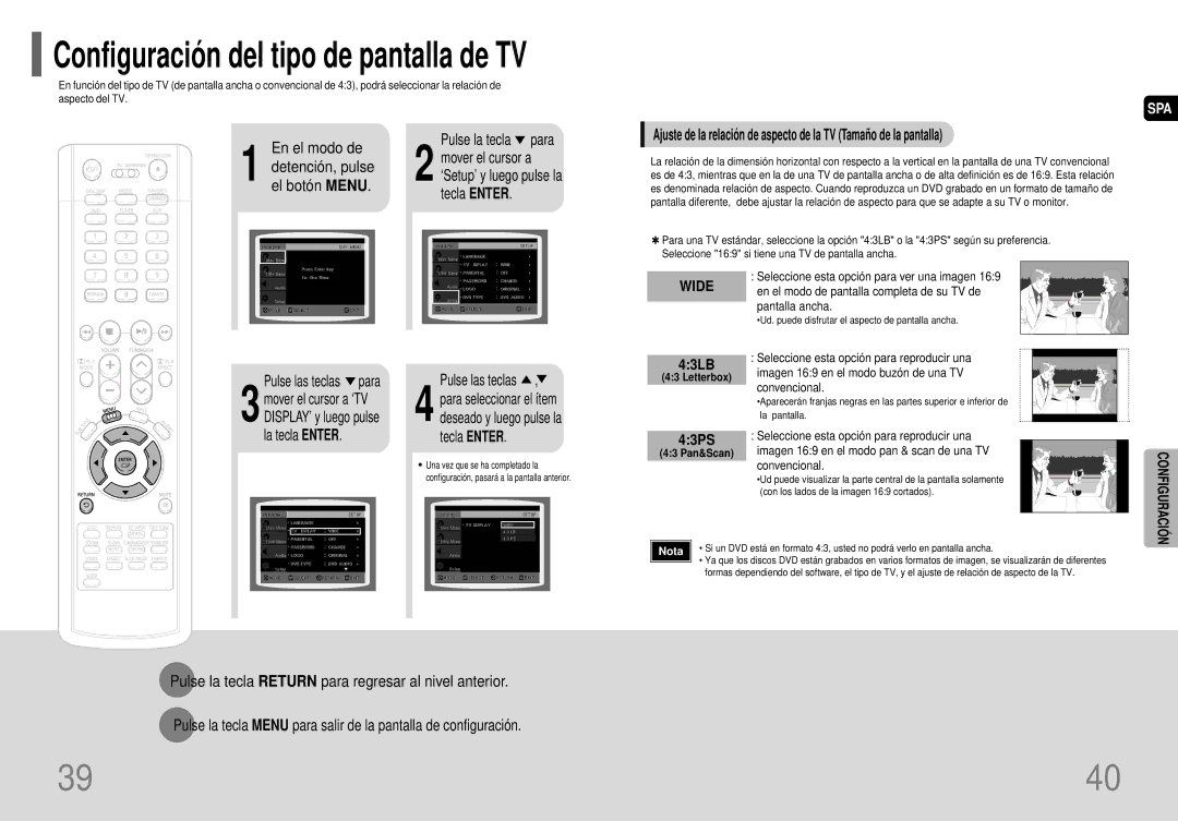 Samsung HT-P40 manual Configuración del tipo de pantalla de TV, Pulse la tecla para, Pulse las teclas para, 43LB, 43PS 