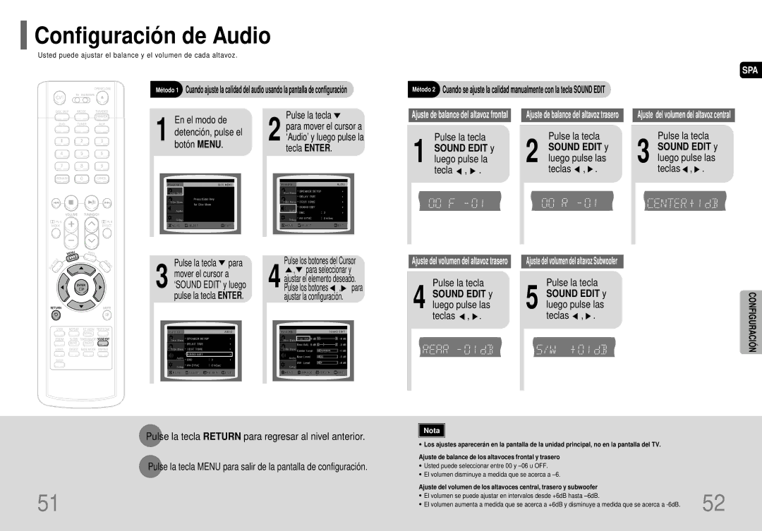 Samsung HT-P40 manual Configuració n de Audio, En el modo de Pulse la tecla, Detención, pulse el, Botón Menu Tecla Enter 