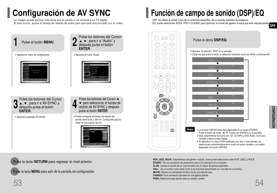 Samsung HT-P40 manual Configuració n de AV Sync, Pulse el botón Menu, Pulse los botones del Cursor, Pulse la tecla DSP/EQ 