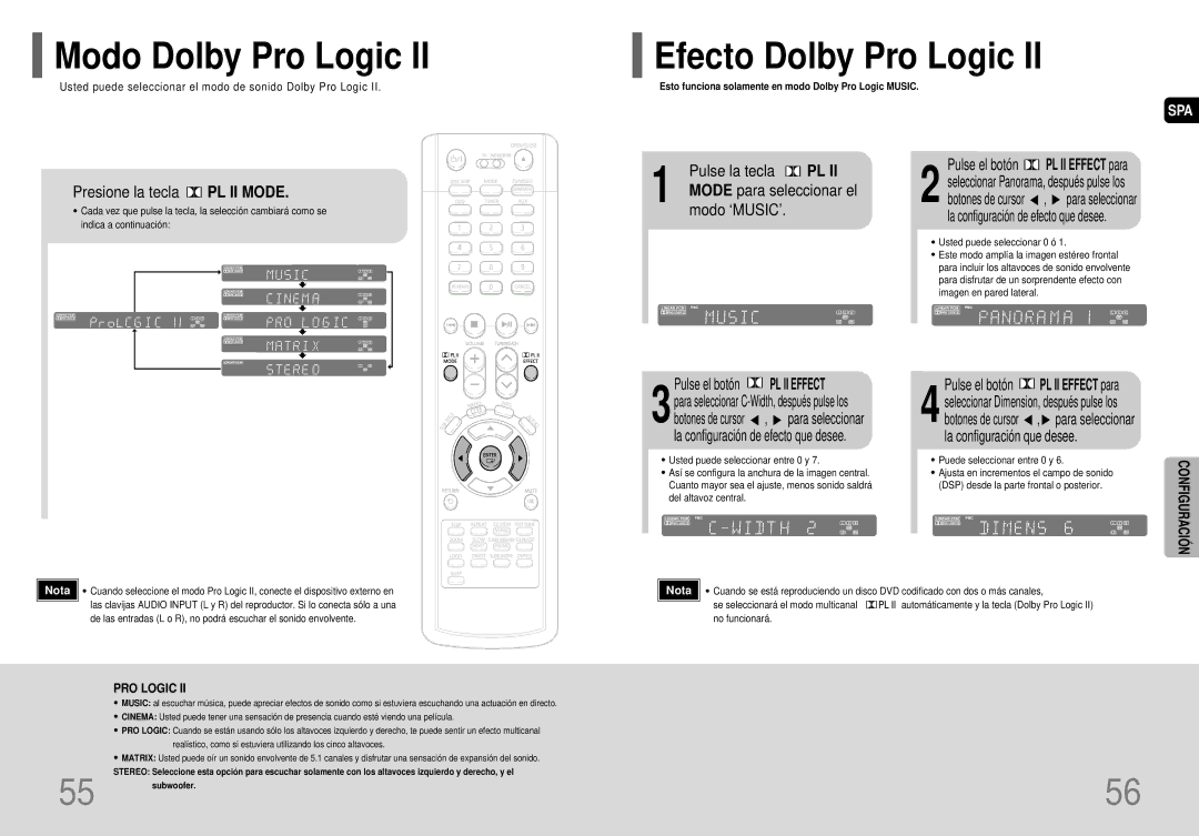 Samsung HT-P40 Modo Dolby Pro Logic, Efecto Dolby Pro Logic, Presione la tecla PL II Mode, Pulse la tecla PL, Modo ‘MUSIC’ 