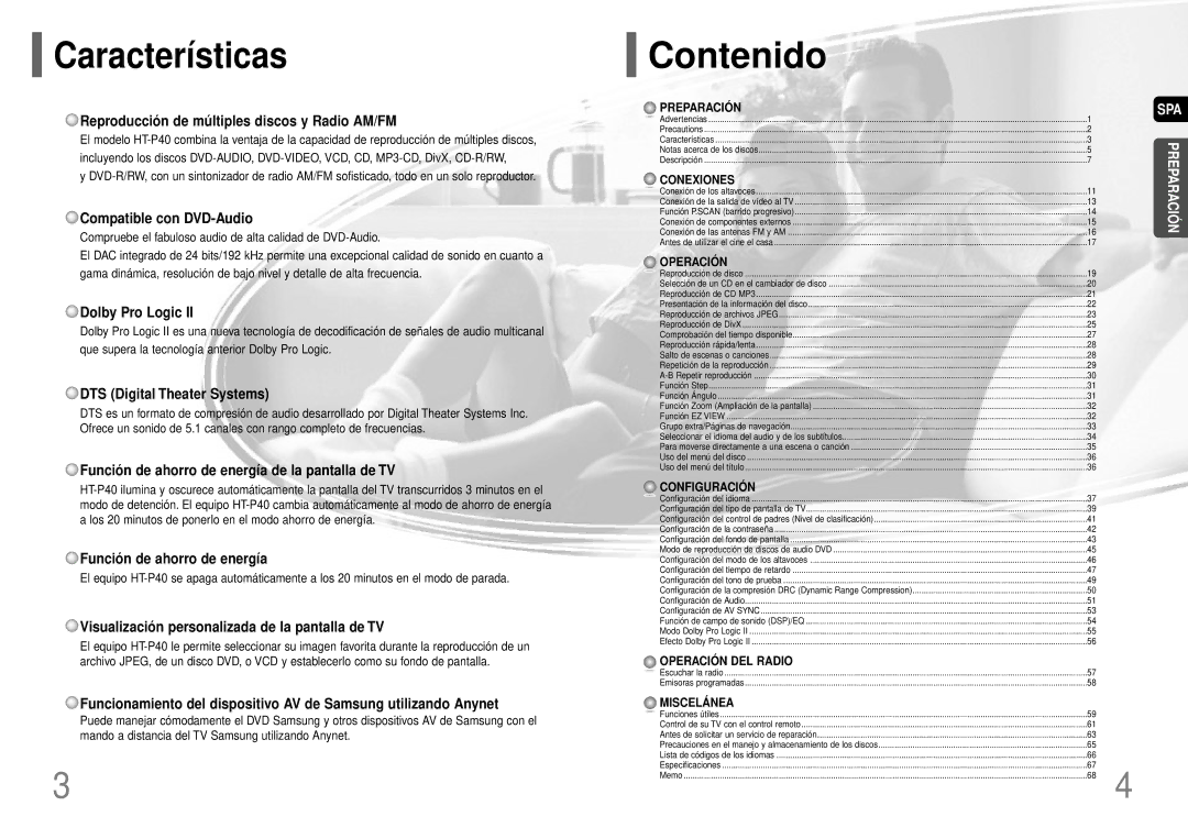 Samsung HT-P40 manual Características, Contenido 