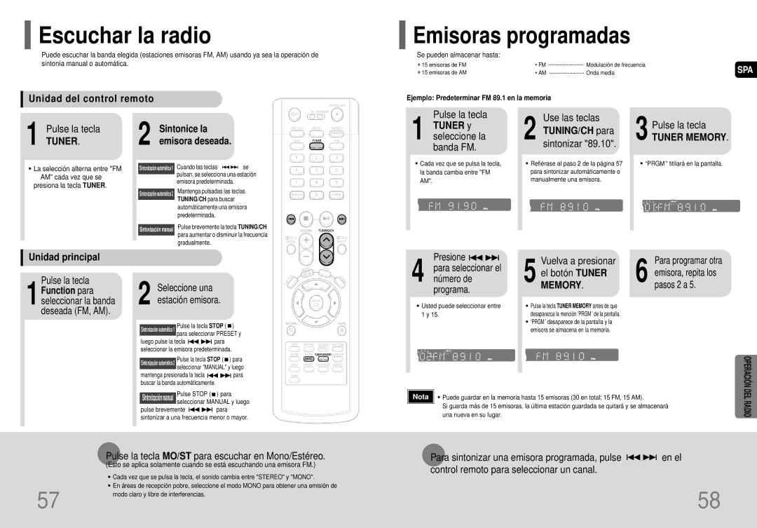 Samsung HT-P40 manual Escuchar la radio, Emisoras programadas, Unidad del control remoto, TUNING/CH para, Unidad principal 