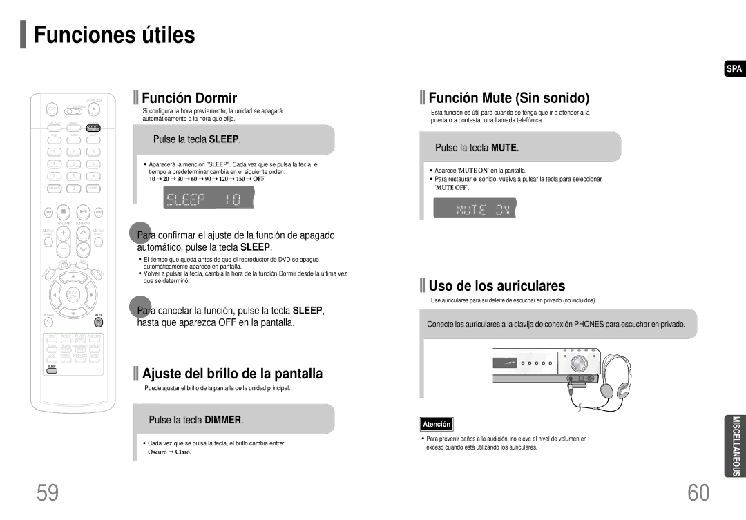 Samsung HT-P40 manual Funciones ú tiles, Pulse la tecla Sleep, Pulse la tecla Dimmer, Pulse la tecla Mute 