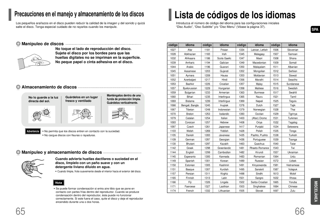 Samsung HT-P40 manual Manipuleo de discos, Almacenamiento de discos, Manipuleo y almacenamiento de discos 