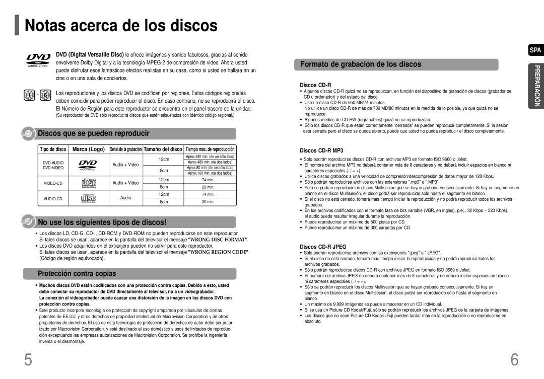 Samsung HT-P40 manual Notas acerca de los discos, Protecció n contra copias 