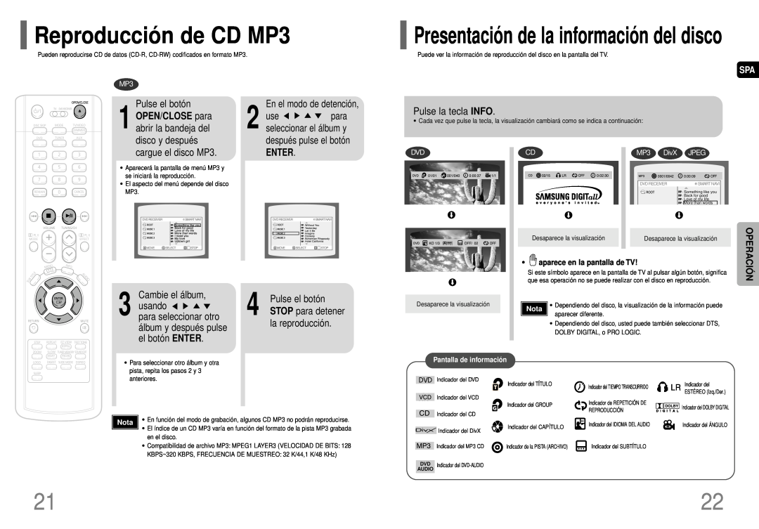 Samsung HT-P40 Reproducció n de CD MP3, Presentació n de la informació n del disco, OPEN/CLOSE para, cargue el disco MP3 