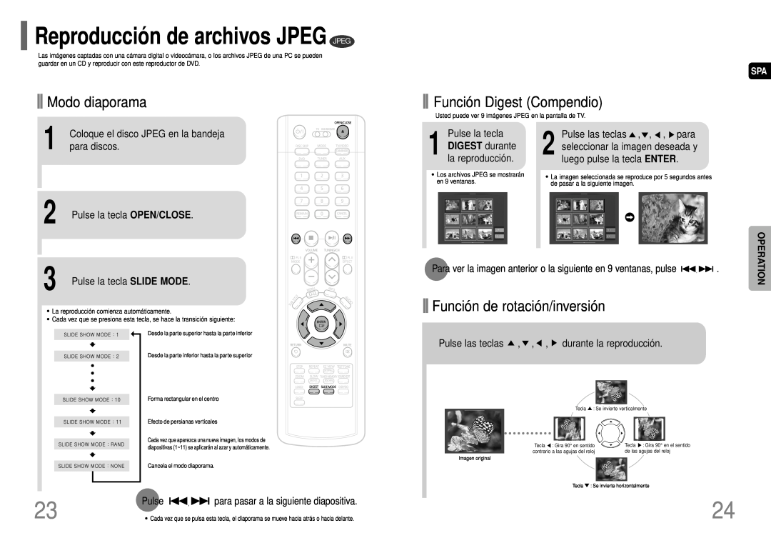 Samsung HT-P40 Reproducció n de archivos JPEG JPEG, Modo diaporama, Función Digest Compendio, para discos, Pulse la tecla 