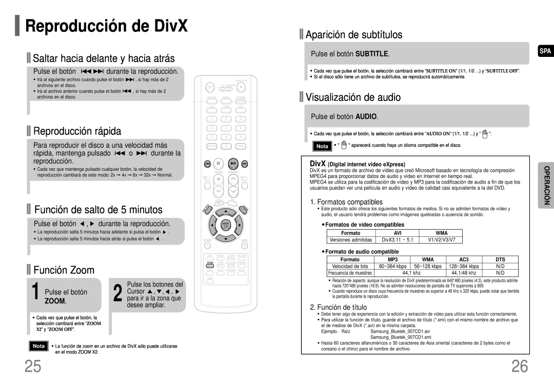 Samsung HT-P40 Reproducció n de DivX, Saltar hacia delante y hacia atrás, Reproducción rápida, Función Zoom, Cursor, Pulse 
