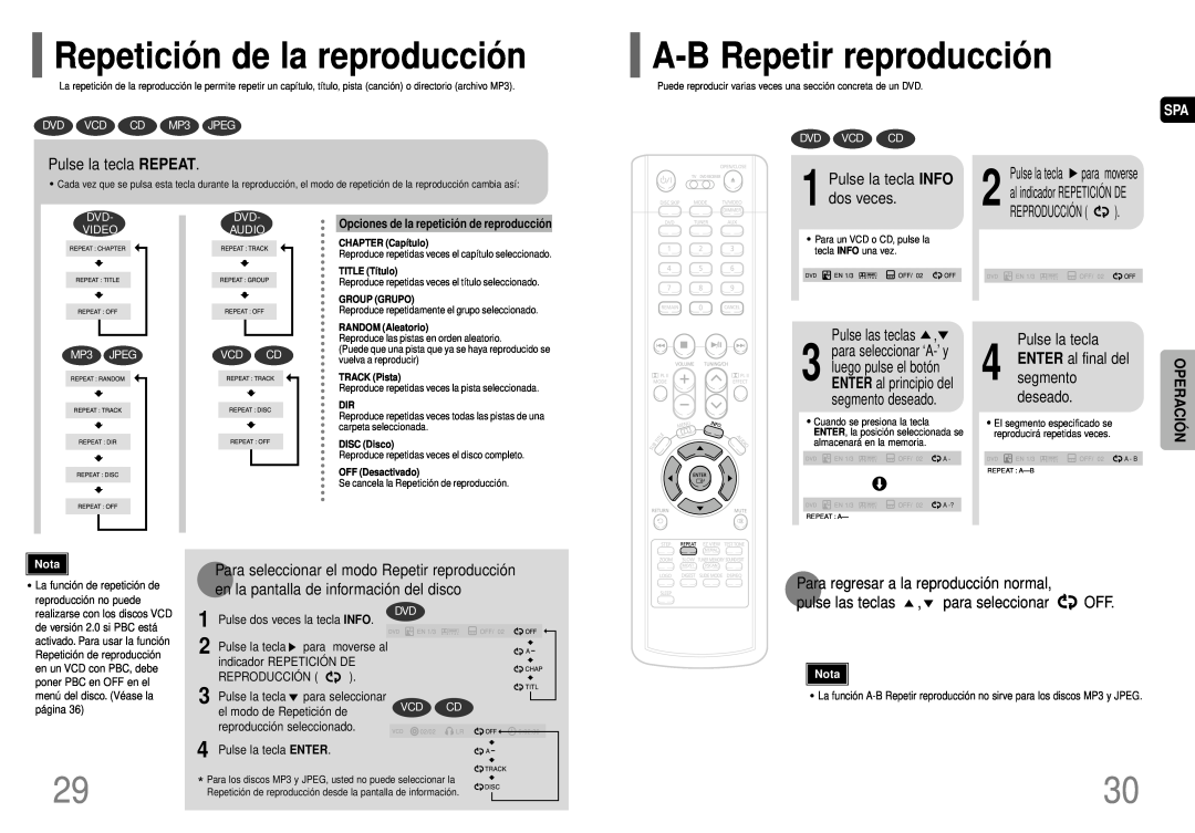 Samsung HT-P40 Repetició n de la reproducció n, A-BRepetir reproducció n, Pulse la tecla REPEAT, Operació N, Reproducció N 