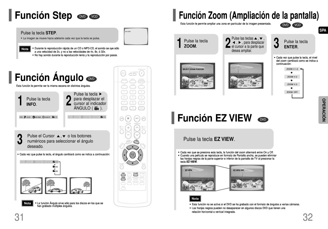Samsung HT-P40 Funció n Step DVD VCD, Funció n Á ngulo DVD, Funció n EZ VIEW DVD, Pulse la tecla EZ VIEW, Enter, Á Ngulo 