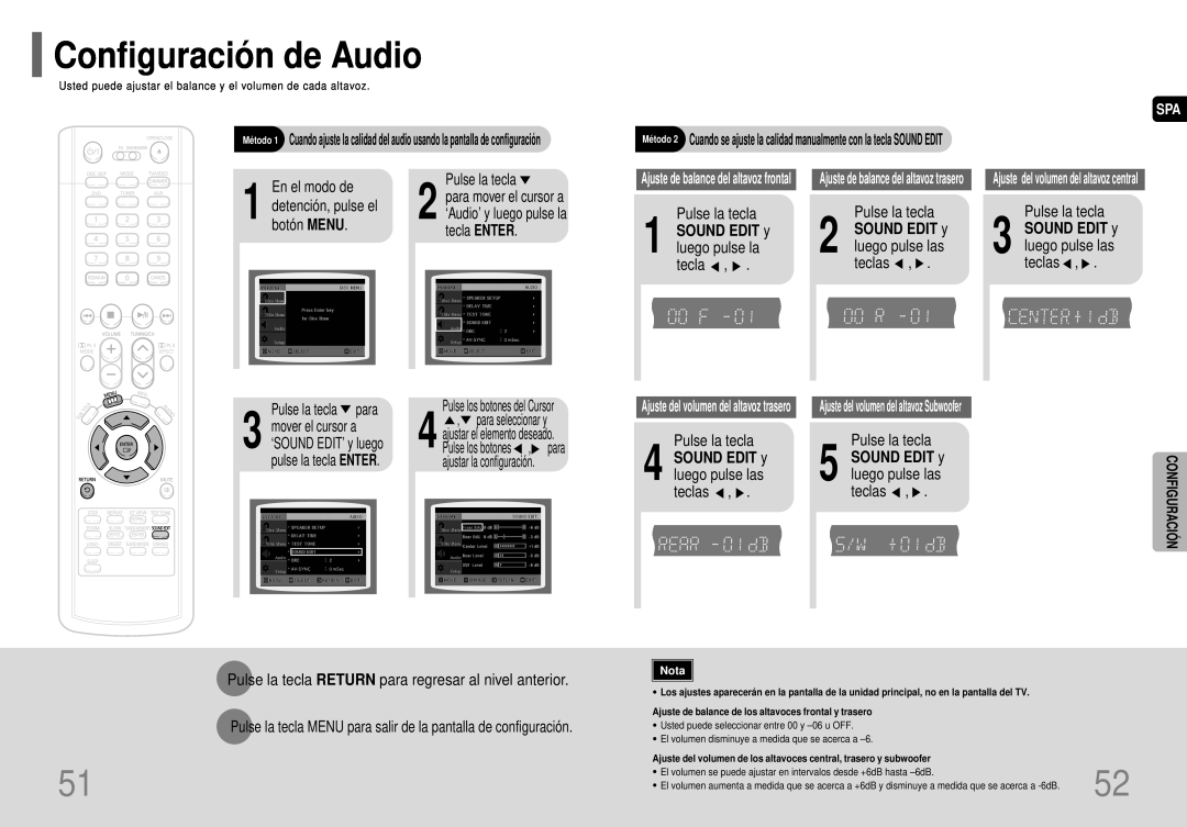 Samsung HT-P40 manual Configuració n de Audio, Ajuste del volumen del altavoz Subwoofer 