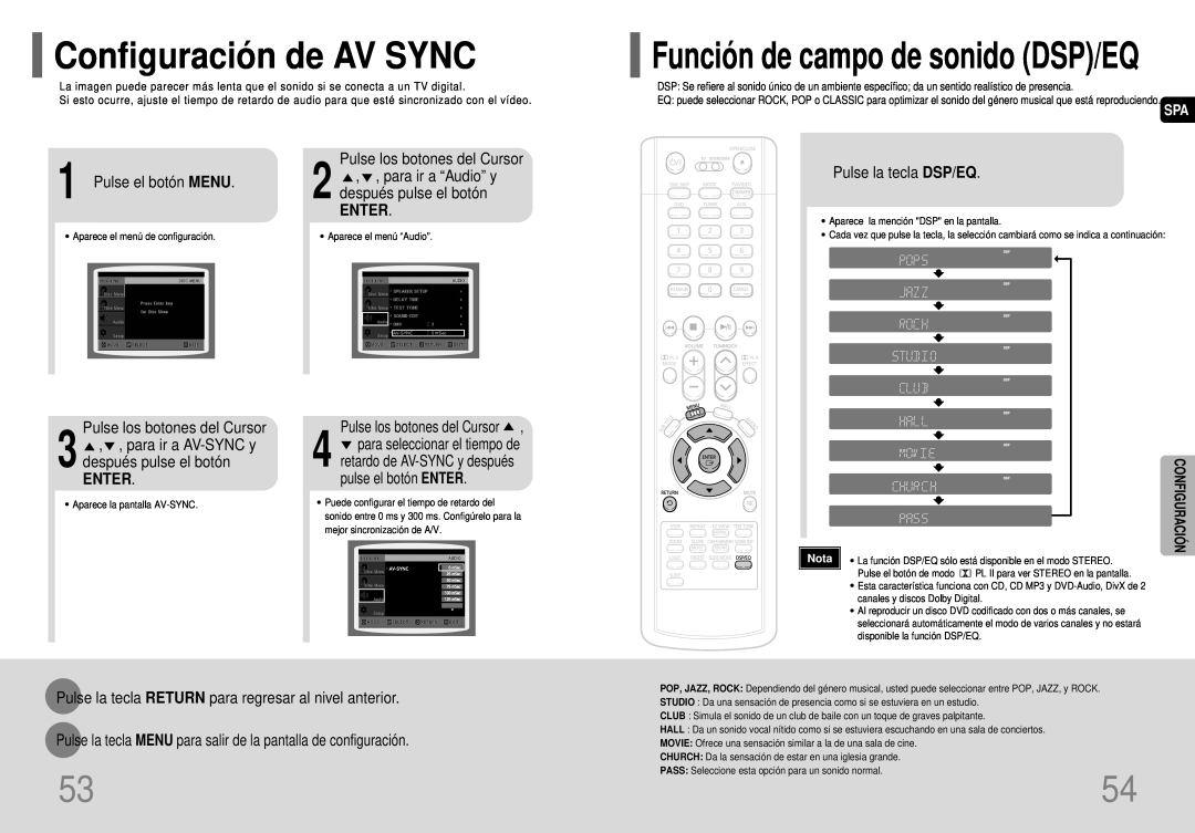 Samsung HT-P40 manual Configuració n de AV SYNC, Funció n de campo de sonido DSP/EQ, Pulse el botón MENU, Enter, Nota 