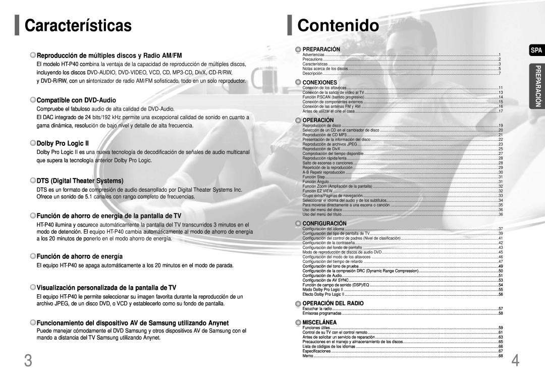 Samsung HT-P40 manual Características, Contenido, Reproducción de múltiples discos y Radio AM/FM, Compatible con DVD-Audio 