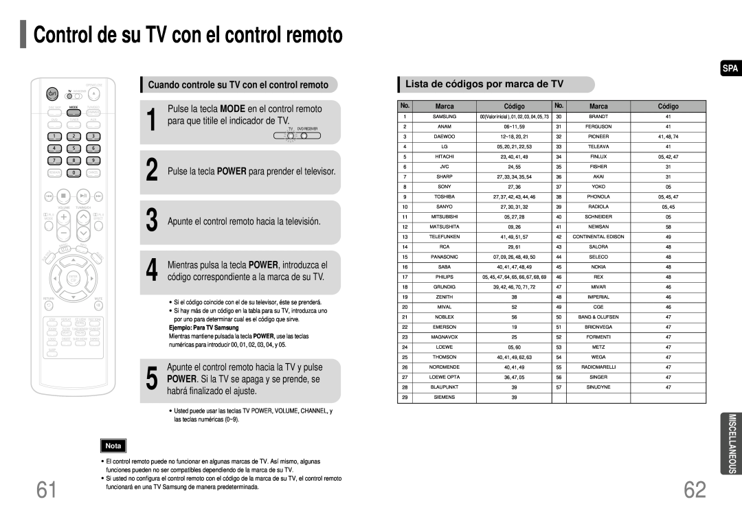Samsung HT-P40 Control de su TV con el control remoto, Cuando controle su TV con el control remoto, Nota, Miscellaneous 