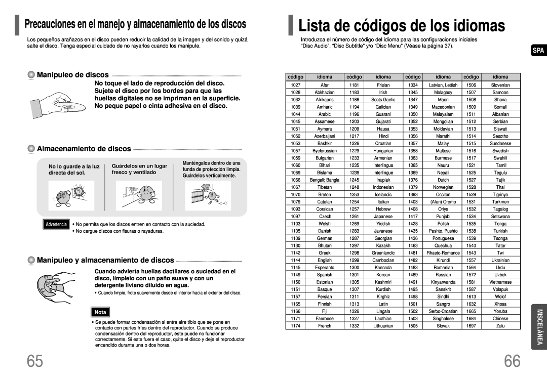 Samsung HT-P40 manual Lista de có digos de los idiomas, Manipuleo de discos, Almacenamiento de discos, Miscelá Nea, Nota 