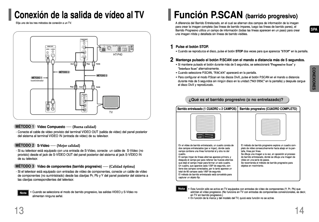 Samsung HT-P40 manual Conexió n de la salida de vídeo al TV, Funció n P.SCAN barrido progresivo, Pulse el botó n STOP 
