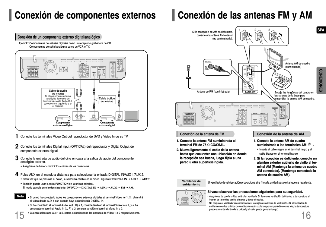 Samsung HT-P40 manual Conexió n de las antenas FM y AM, Conexió n de componentes externos, Conexió n de la antena de FM 