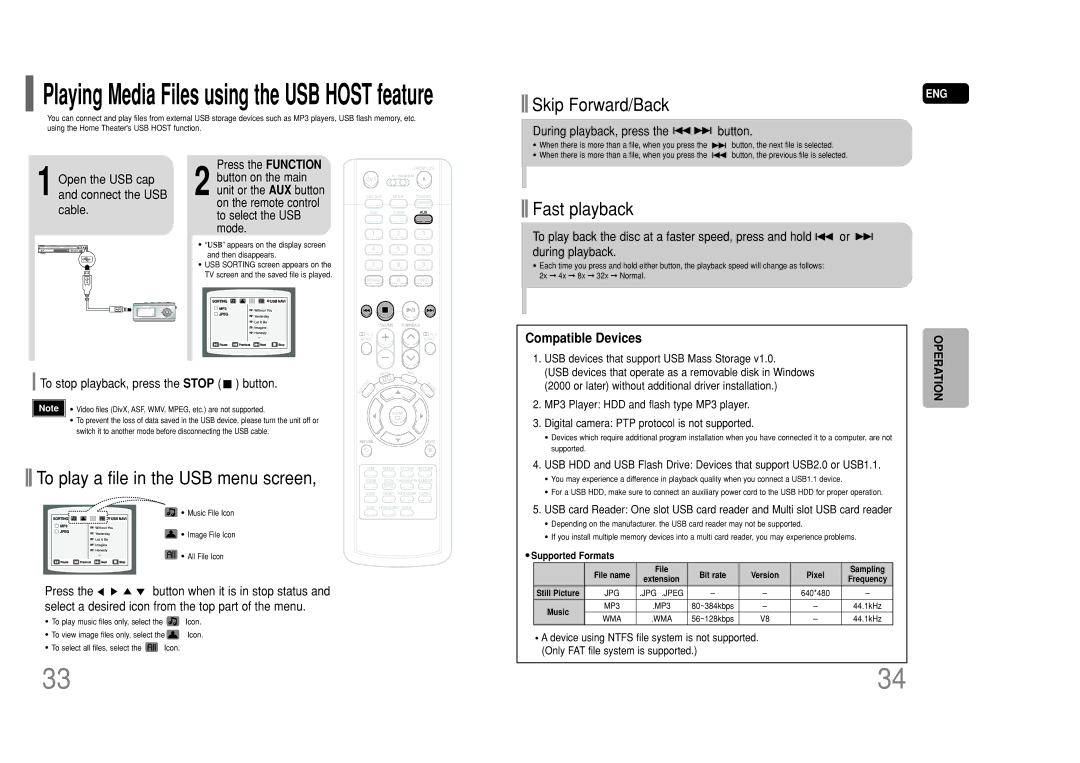 Samsung HT-P50 Open the USB cap and connect the USB cable, To stop playback, press the Stop button, Supported Formats 