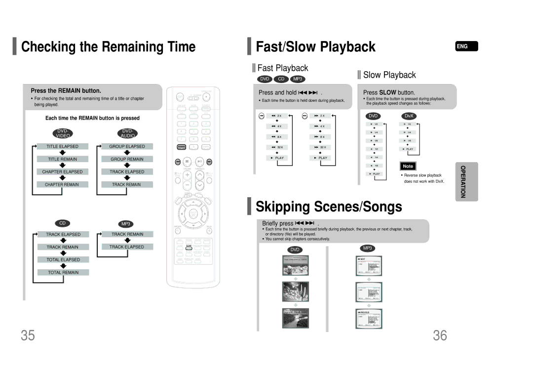 Samsung HT-P50 Fast/Slow Playback, Skipping Scenes/Songs, Checking the Remaining Time, Press the Remain button 