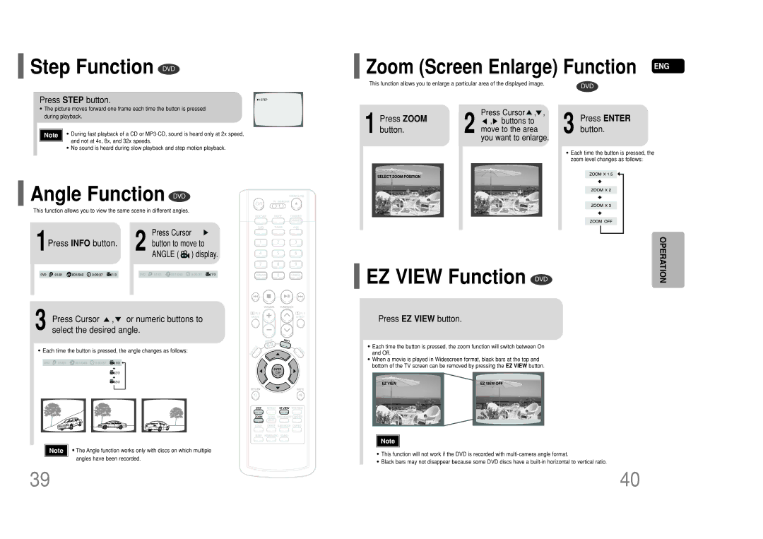 Samsung HT-P50 instruction manual Step Function DVD, Angle Function DVD, EZ View Function DVD, Zoom Screen Enlarge Function 