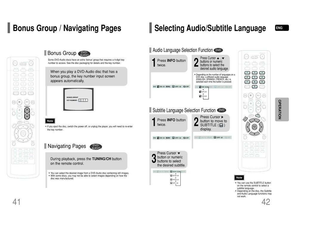 Samsung HT-P50 instruction manual Bonus Group / Navigating Pages, Press Cursor 2 button to move to Subtitle display 