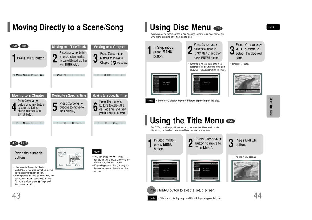 Samsung HT-P50 instruction manual Using the Title Menu DVD, Moving Directly to a Scene/Song 