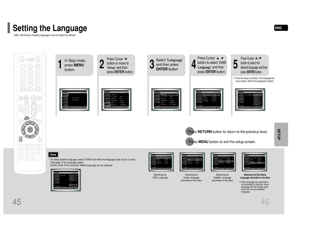 Samsung HT-P50 instruction manual Setting the Language, Select ‘ Language’, Then press, Enter button 