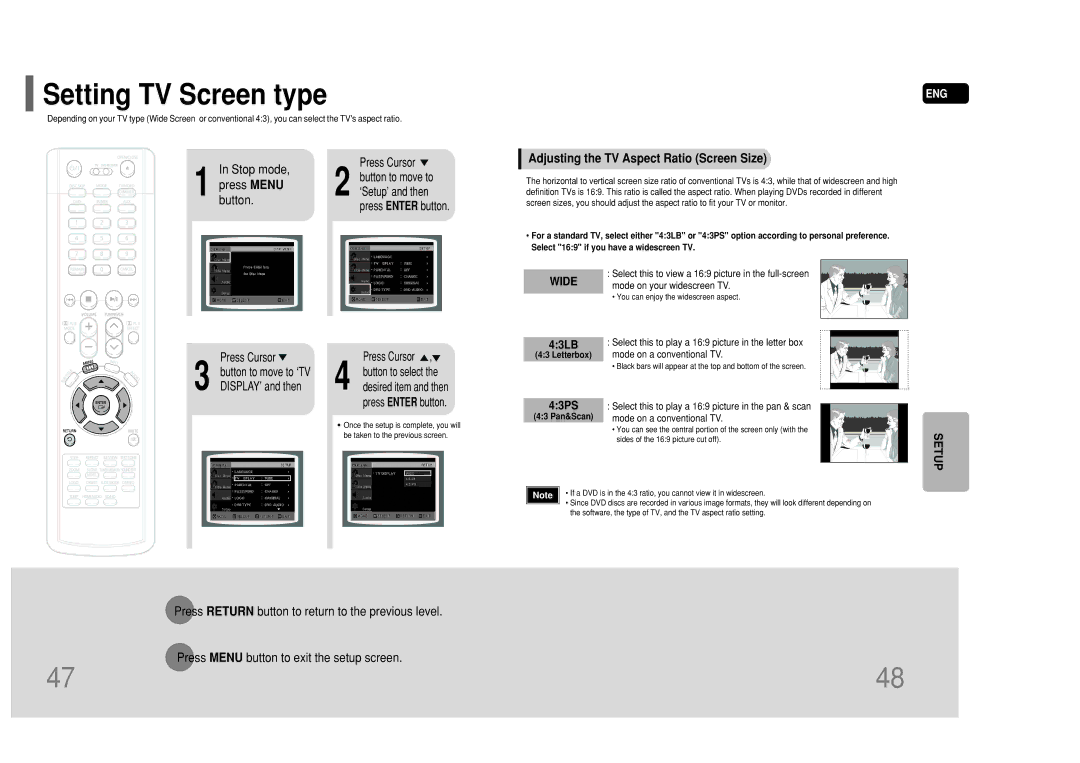 Samsung HT-P50 instruction manual Setting TV Screen type, Adjusting the TV Aspect Ratio Screen Size 