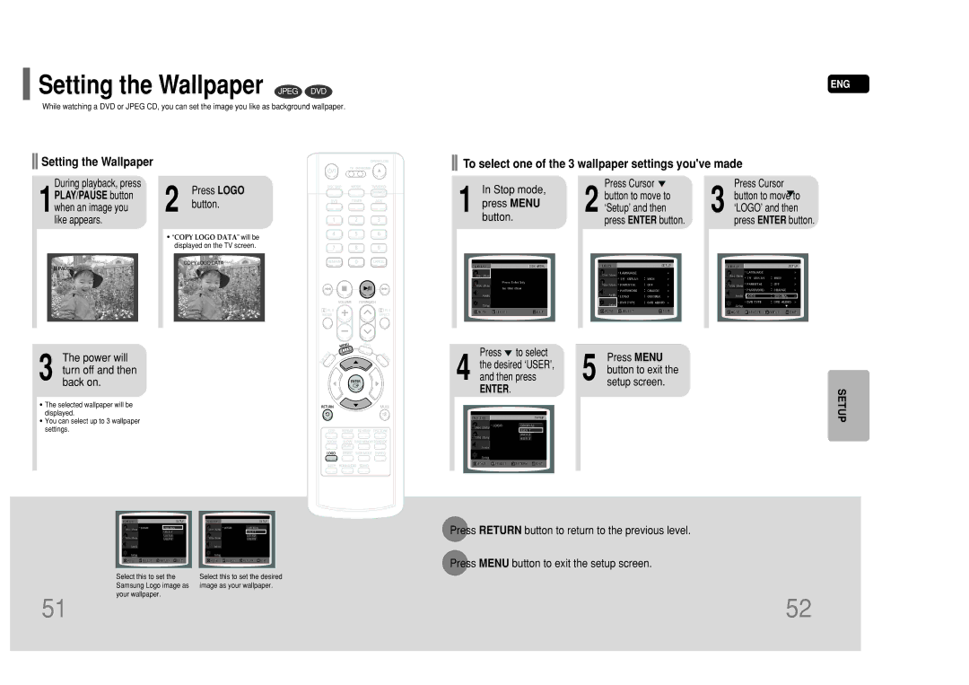 Samsung HT-P50 instruction manual Setting the Wallpaper Jpeg DVD, Power will Turn off and then back on, Button 