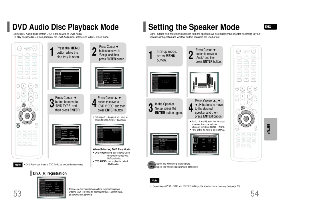 Samsung HT-P50 DVD Audio Disc Playback Mode, Stop mode, press Menu button, Speaker Setup, press the Enter button again 