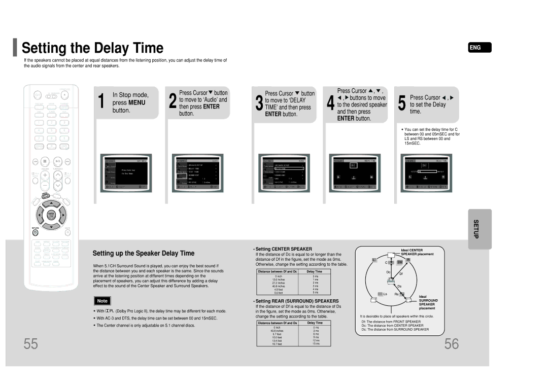 Samsung HT-P50 instruction manual Setting the Delay Time, Setting Center Speaker, Setting Rear Surround Speakers 