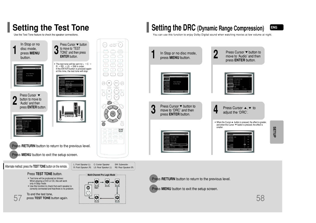 Samsung HT-P50 Setting the Test Tone, Stop or no Disc mode, press Menu button, Stop or no disc mode, Press Menu button 