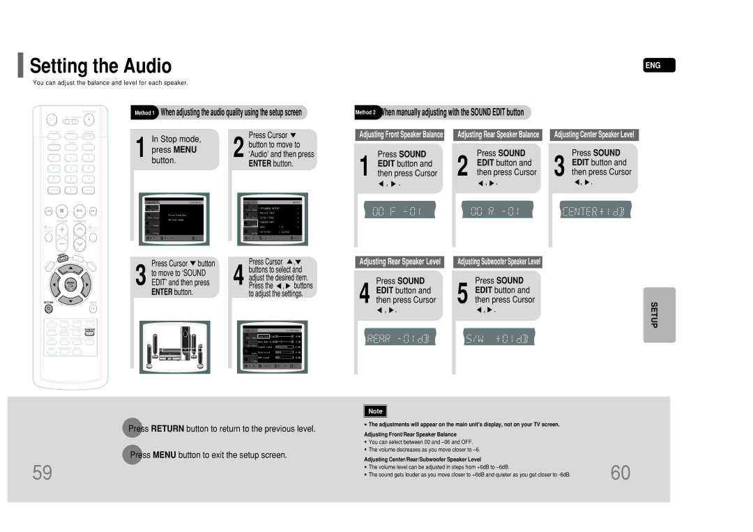 Samsung HT-P50 instruction manual Setting the Audio, Method 2 When manually adjusting with the Sound Edit button 