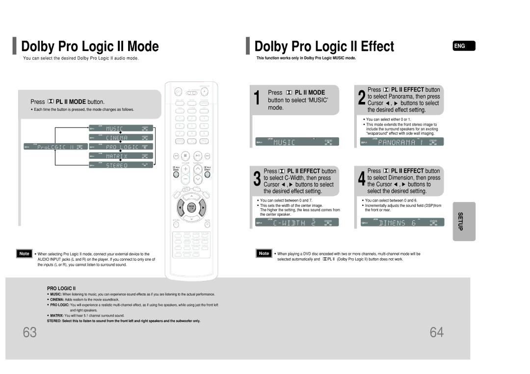 Samsung HT-P50 instruction manual Dolby Pro Logic II Mode, Press PL II Mode button, Button to select ‘MUSIC’ 